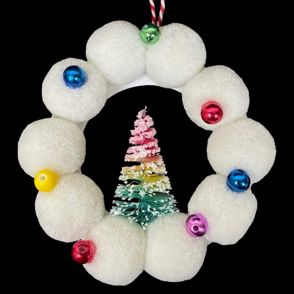 Handmade White Pom Pom Bottle Brush Tree Christmas Wreath Mini Ornament‎ Retro